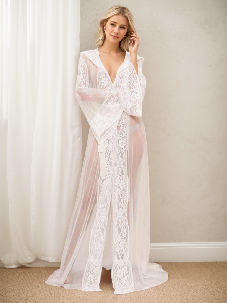 Romantic Sheer Lace Bridal Robe with cap and Bell Sleeves