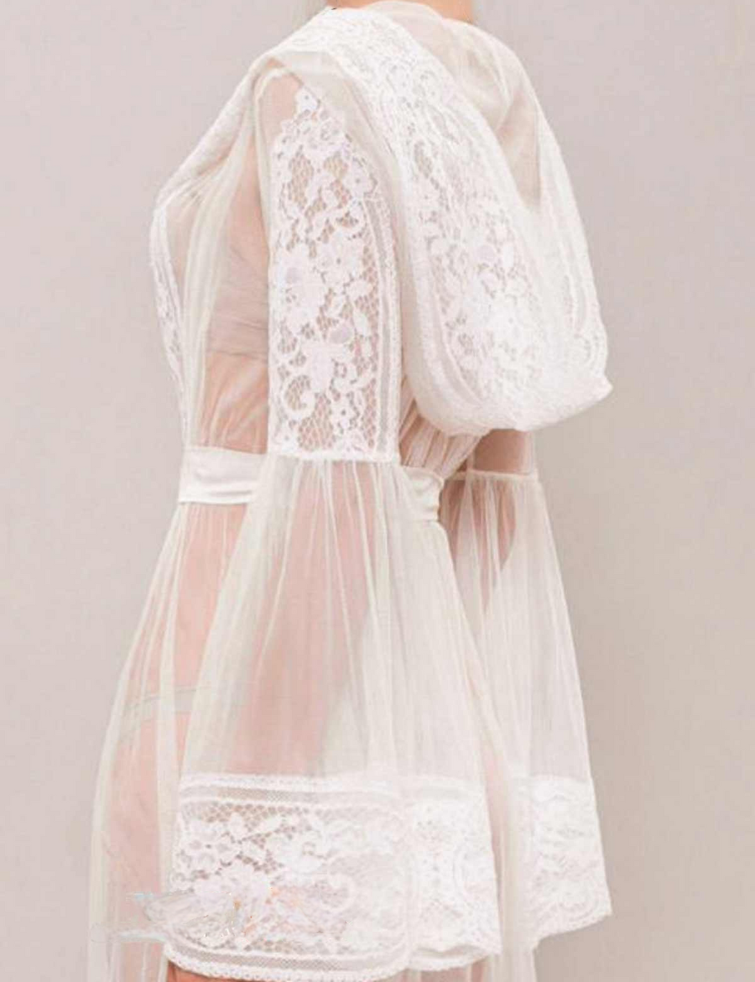 Romantic Sheer Lace Bridal Robe with cap and Bell Sleeves