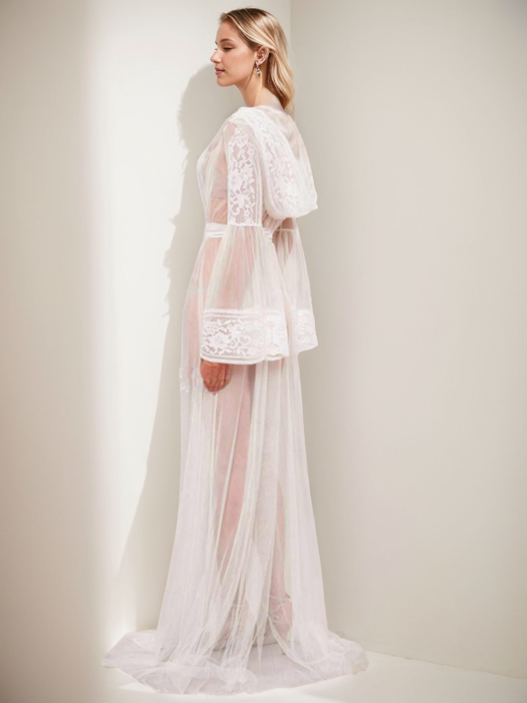 Romantic Sheer Lace Bridal Robe with cap and Bell Sleeves