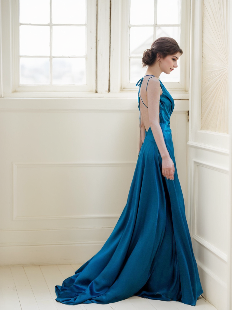 Ethereal Sapphire Blue Satin Backless Evening Gown with Thigh-High Slit