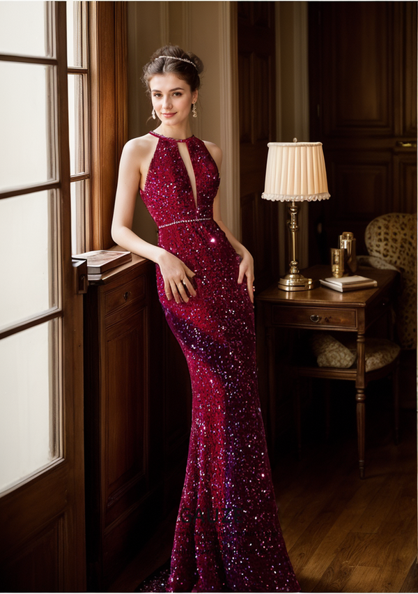 Chic Halter Neck Sequin Mesh Cocktail Dress with Keyhole Back