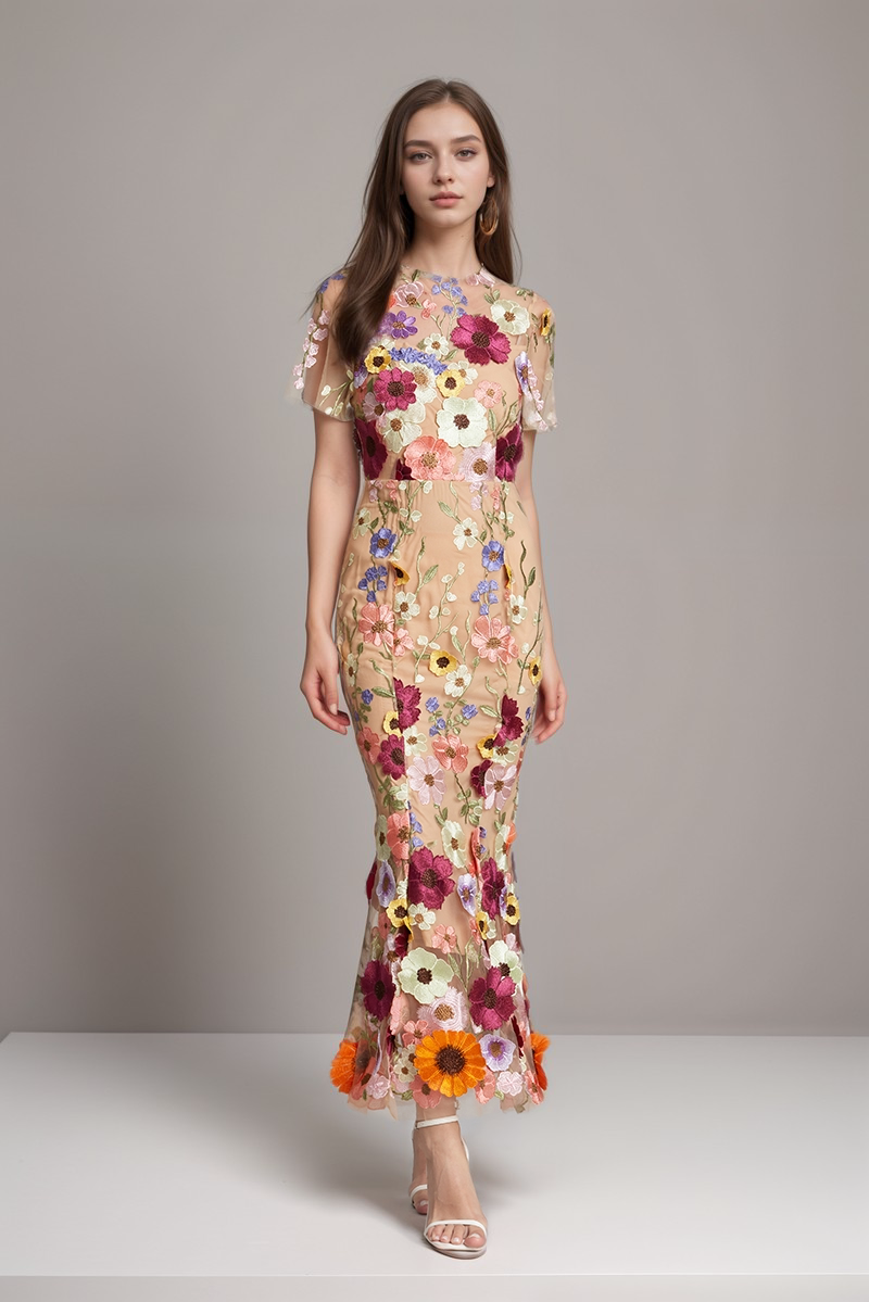 Short Sleeves 3D Floral Lace Prom Dresses, 3D Flower Lace Formal Evening Dresses