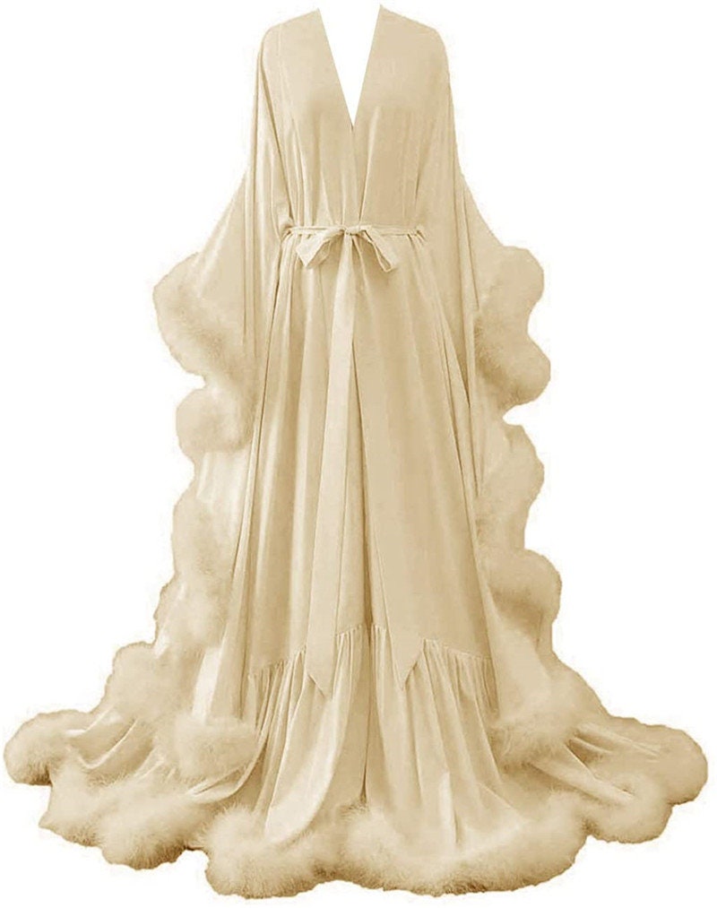 Feathery Robe Silky Satin Victorian Feather Fringe Robe Dress – SelenaHuanStudio