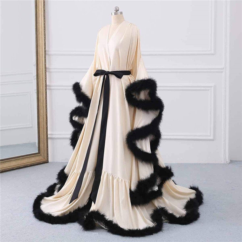 Feathery Robe Silky Satin Victorian Feather Fringe Robe Dress – SelenaHuanStudio