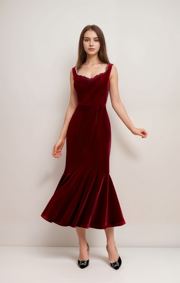 Sleeveless Scoop Neck Velvet Midi Dress with Crystal Trim