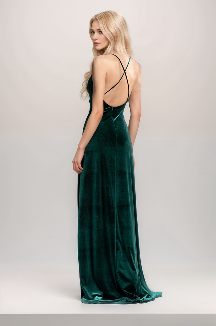 Long Velvet Fit-and-Flare Dress with Spaghetti Straps and Crisscross Back