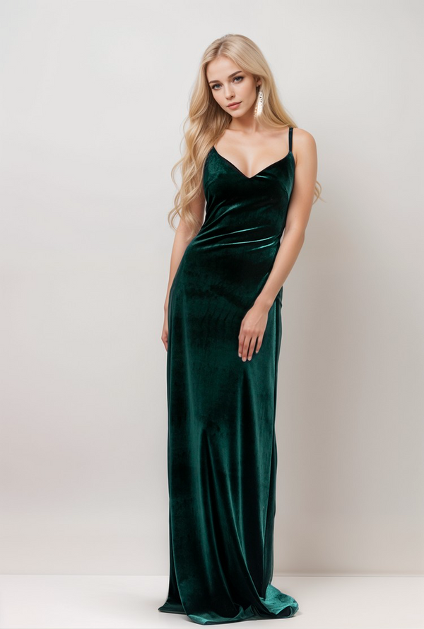 Long Velvet Fit-and-Flare Dress with Spaghetti Straps and Crisscross Back