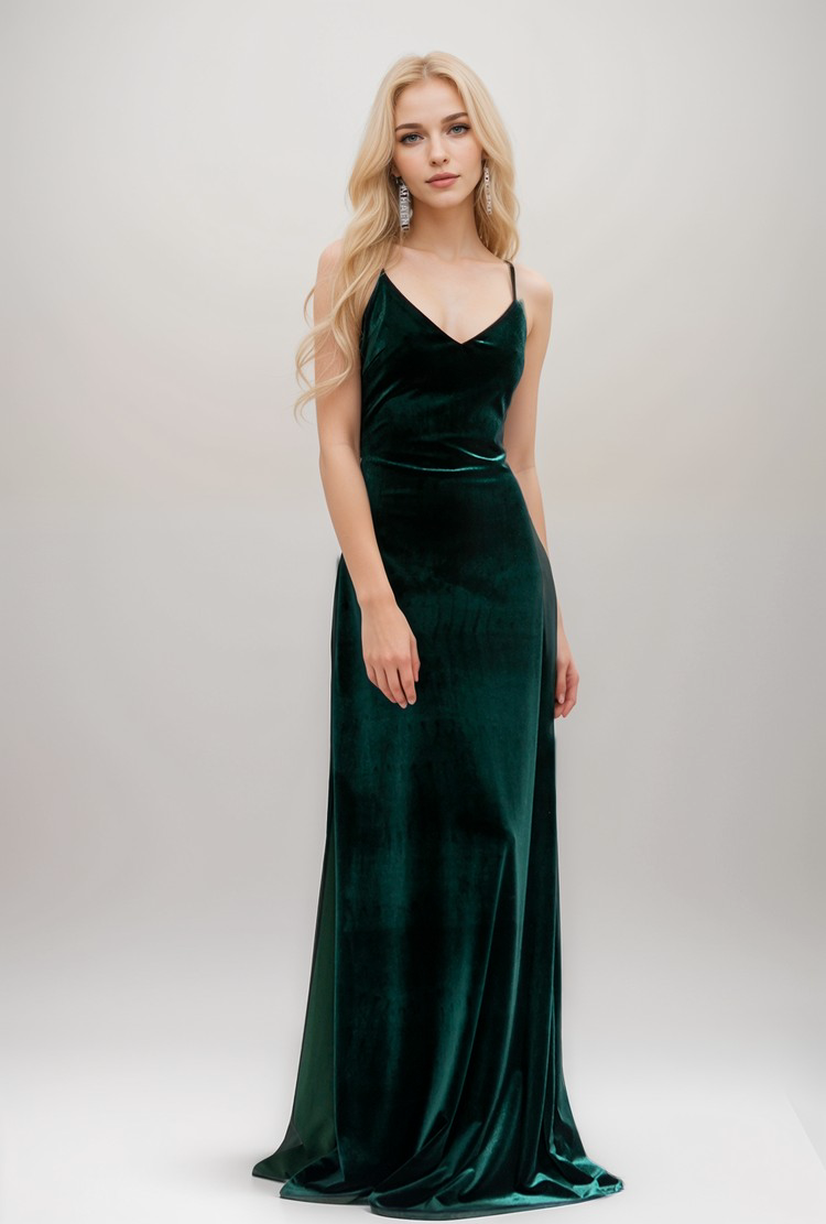 velvet fit and flare dress Long Velvet Fit-and-Flare Dress with Spaghetti Straps and Crisscross Back 14 / Dark Green