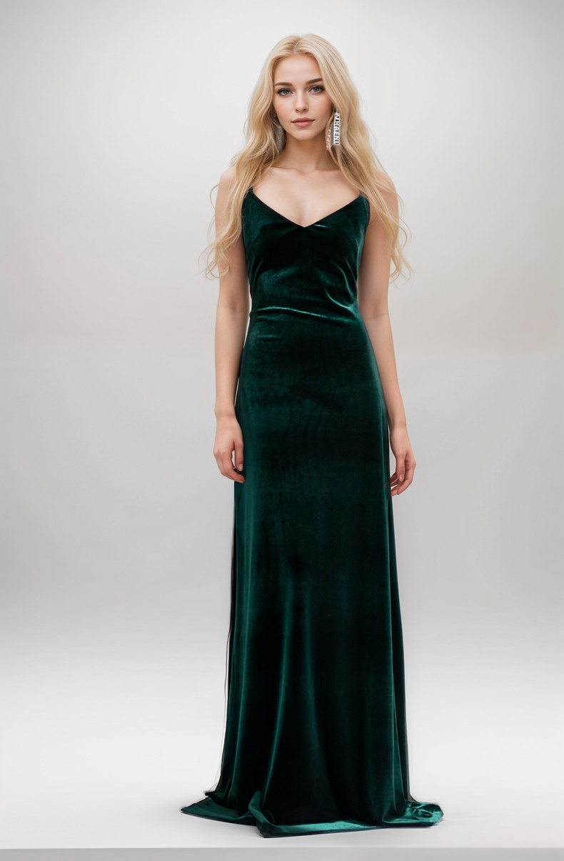 Long Velvet Fit-and-Flare Dress with Spaghetti Straps and Crisscross Back 14 / Dark Green Long Velvet Fit-and-Flare Dress with Spaghetti Straps and Crisscross Back 14 / Dark Green