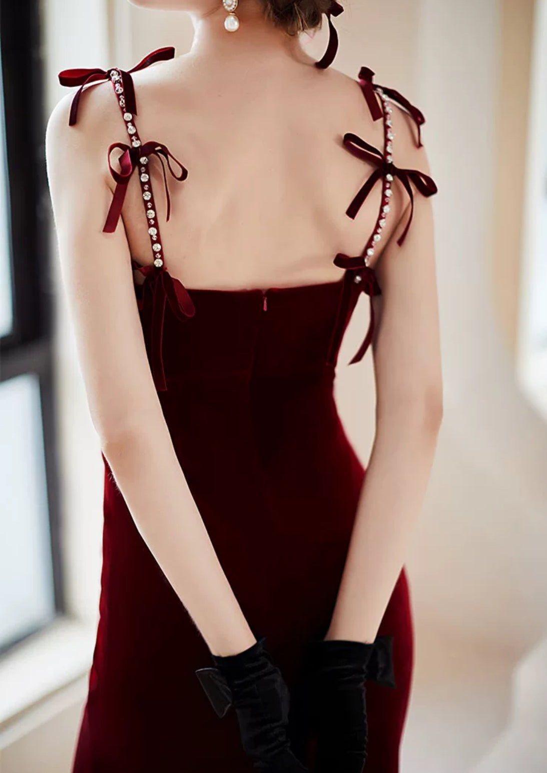 Elegant Burgundy Spaghetti Straps Velvet Mermaid Prom Dress Evening Dress SH571
