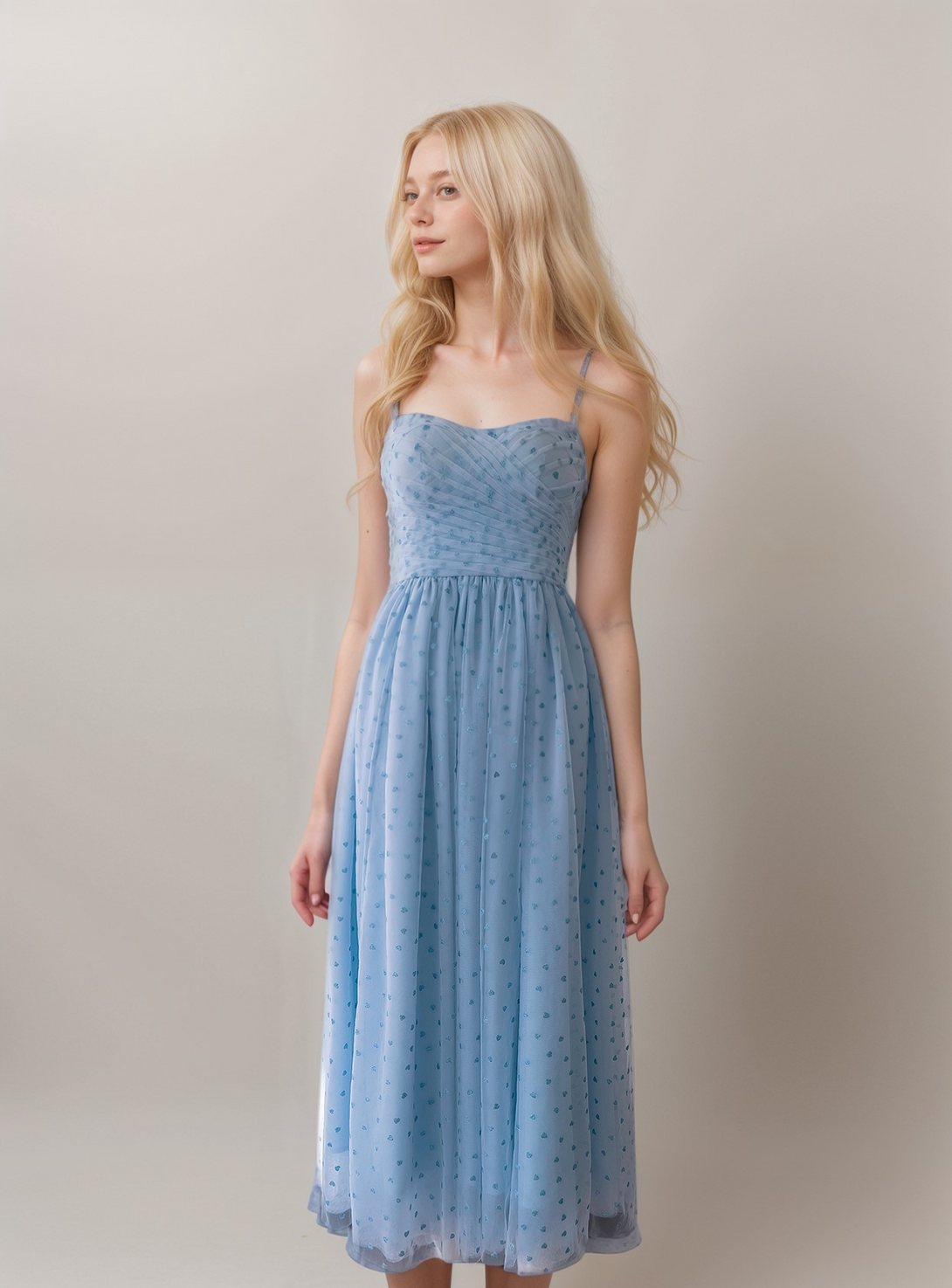 Spaghetti-straps detachable sleeves tea length heart dotty tulle prom dress 