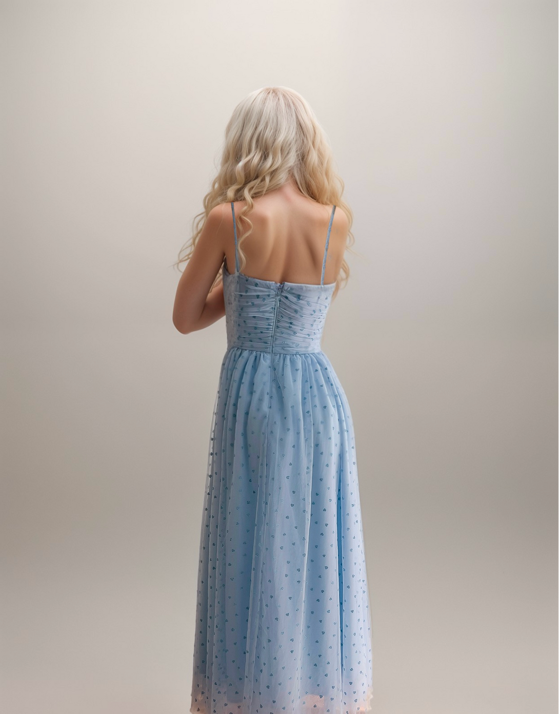 Spaghetti-straps detachable sleeves tea length heart dotty tulle prom dress 