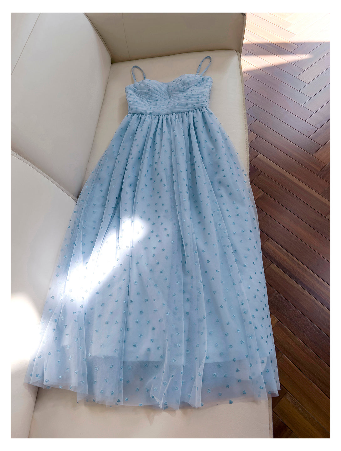 Spaghetti-straps detachable sleeves tea length heart dotty tulle prom dress 