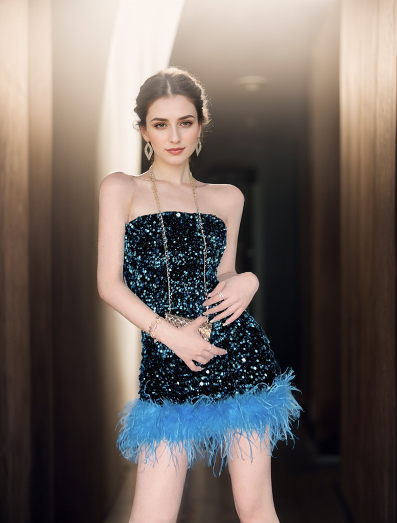 Sparkling navy Sequin Strapless Mini Dress with Feather Hemline