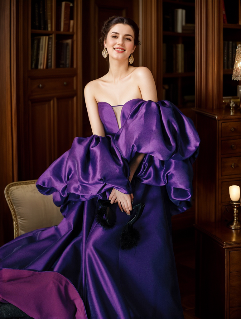 Strapless satin princess ballgown prom dress with detachable bishop sleeves