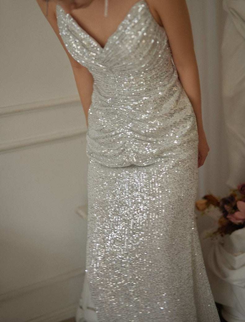 Stunning Sequin Spaghetti Strap Gown with Ruched Detail