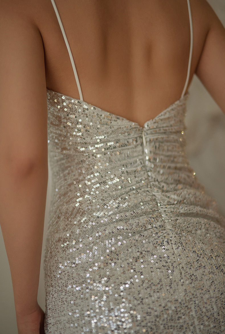 Stunning Sequin Spaghetti Strap Gown with Ruched Detail