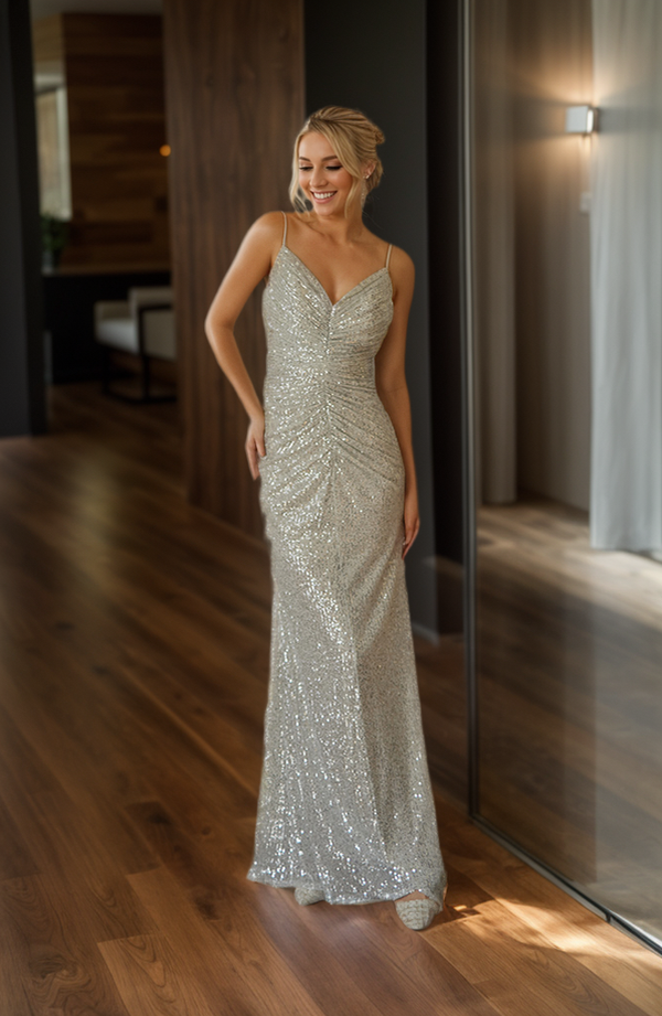 Stunning Sequin Spaghetti Strap Gown with Ruched Detail