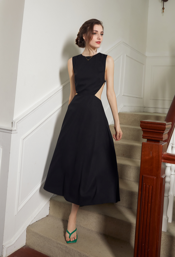 Timeless Elegance Backless Satin Midi Dress with Intricate Cutout