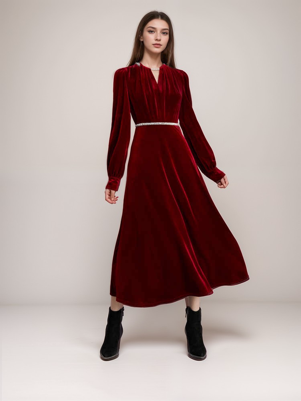 Timeless Velvet Tea Length Dress with Jewel Neckline and Puff Sleeves