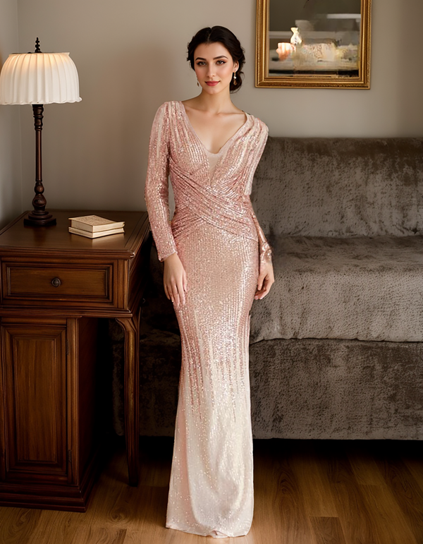 Two Color Sequin Evening Gown with Long Sleeves and Draped V-Neck Design