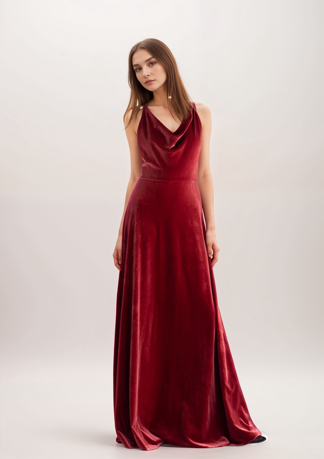 Unique back design draping neck sleeveless A-line velvet prom dress