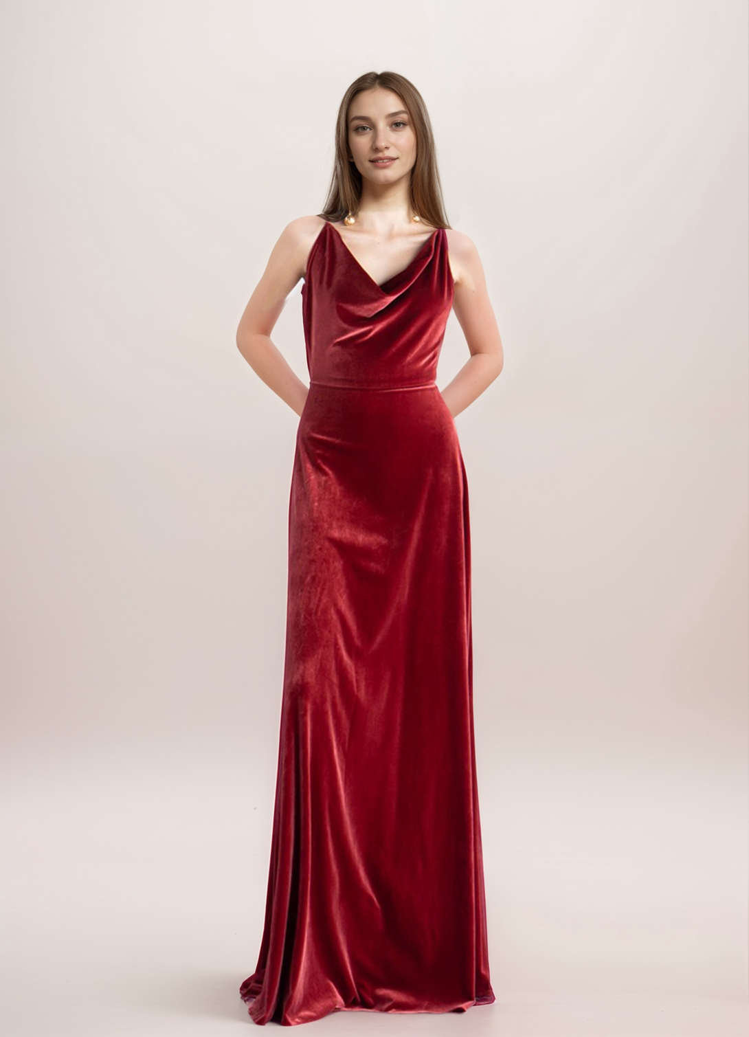 Unique back design draping neck sleeveless A-line velvet prom dress