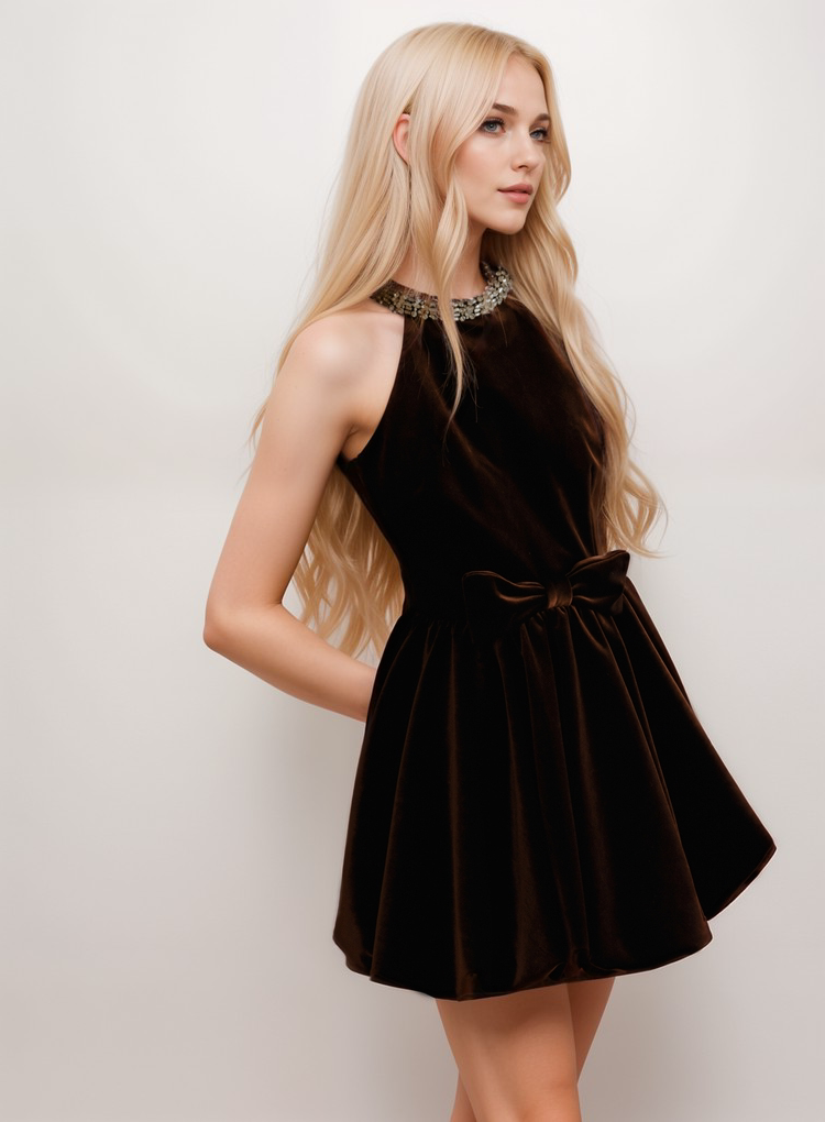 Velvet Bow-Accented Cocktail Dress with Jewel-Embellished Neckline