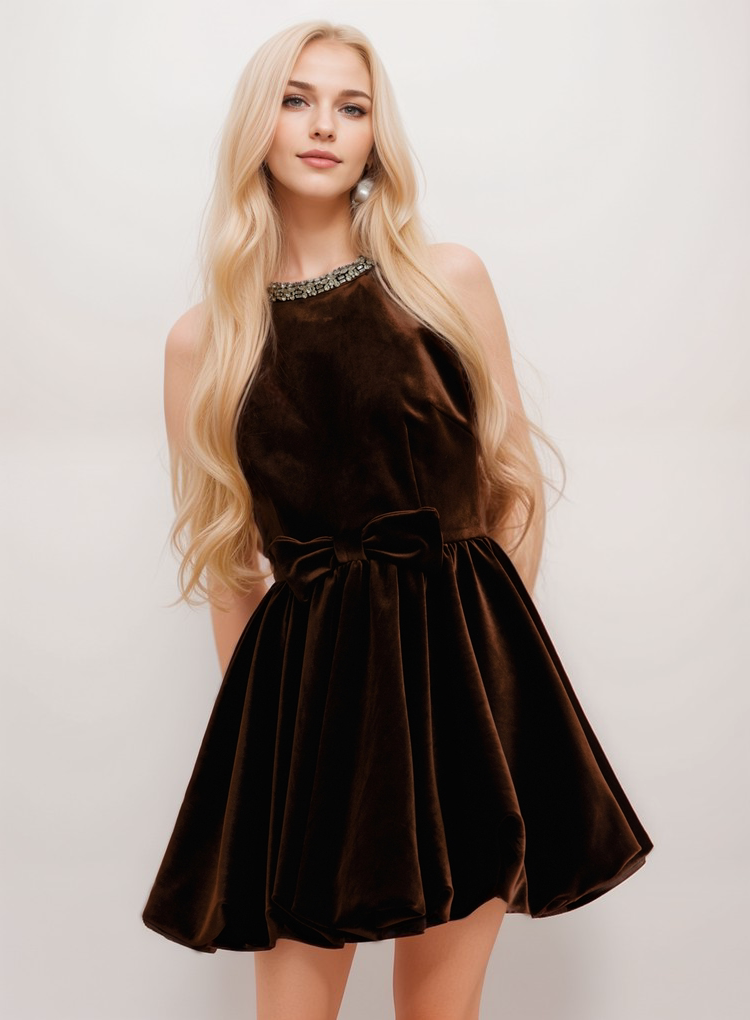 Velvet Bow-Accented Cocktail Dress with Jewel-Embellished Neckline