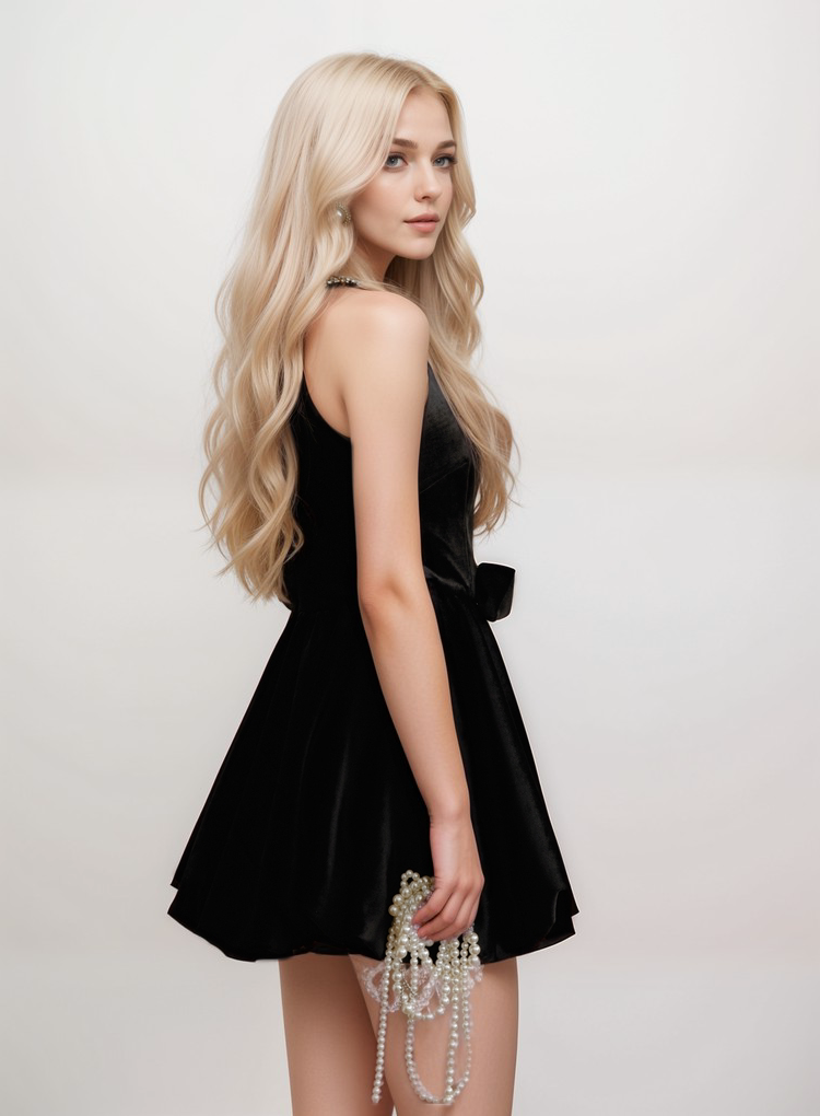 Velvet Bow-Accented Cocktail Dress with Jewel-Embellished Neckline