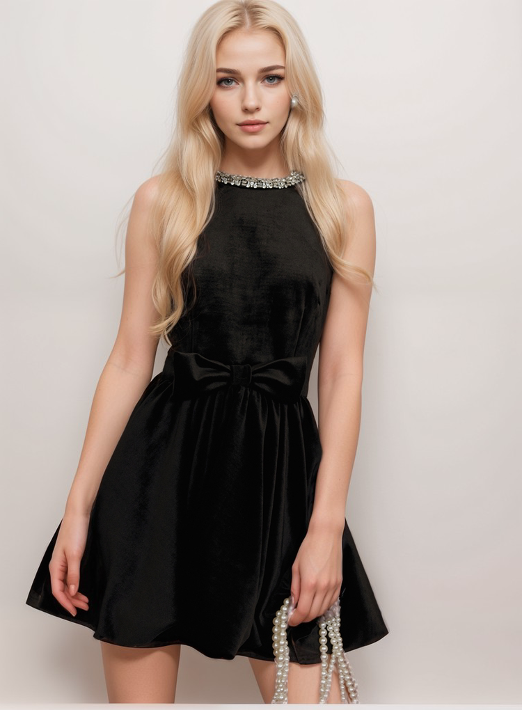 Velvet Bow-Accented Cocktail Dress with Jewel-Embellished Neckline