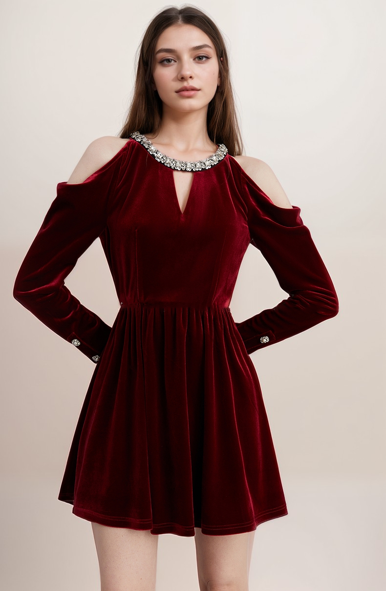 Velvet Cold Shoulder Party Dress with Jewel-Embellished Collar and Buttoned Sleeves