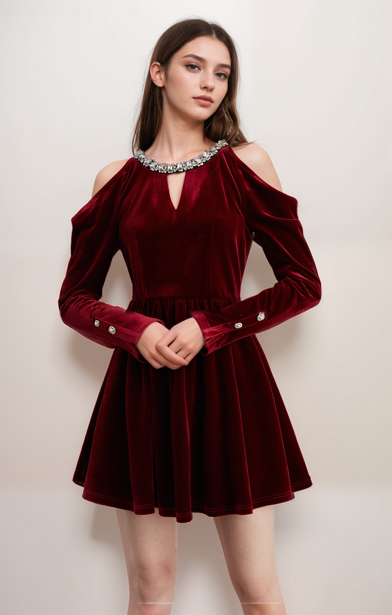 Velvet Cold Shoulder Party Dress with Jewel-Embellished Collar and Buttoned Sleeves