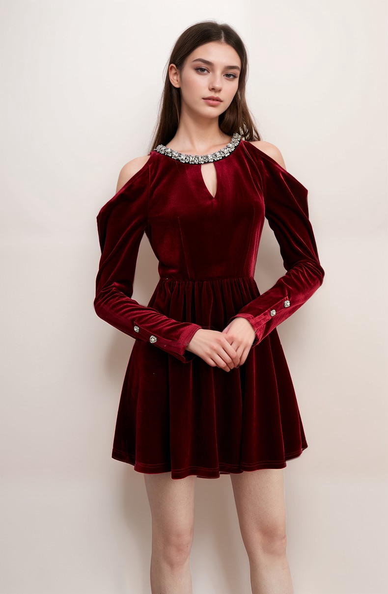 Velvet Cold Shoulder Party Dress with Jewel-Embellished Collar and Buttoned Sleeves