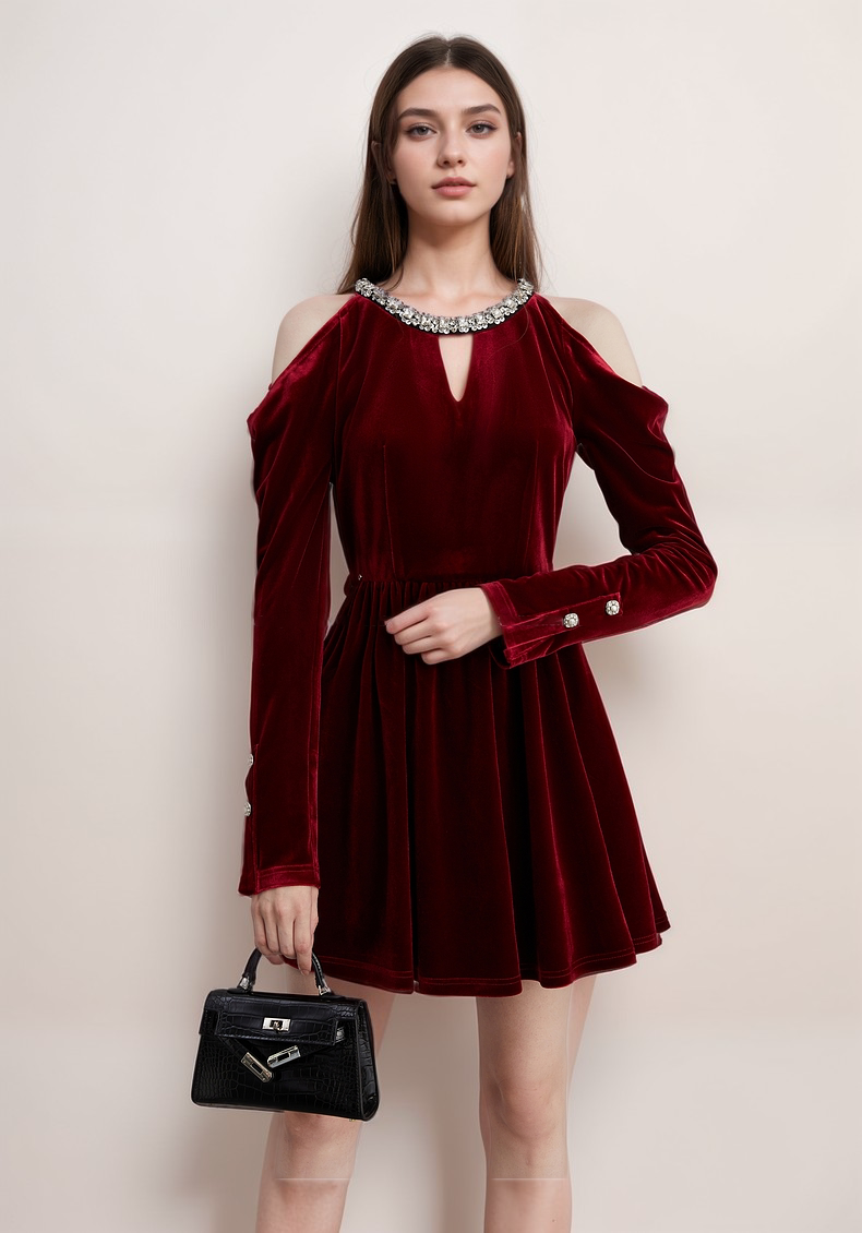 Velvet Cold Shoulder Party Dress with Jewel-Embellished Collar and Buttoned Sleeves