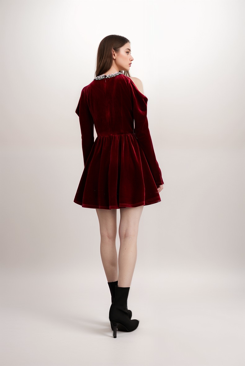 Velvet Cold Shoulder Party Dress with Jewel-Embellished Collar and Buttoned Sleeves