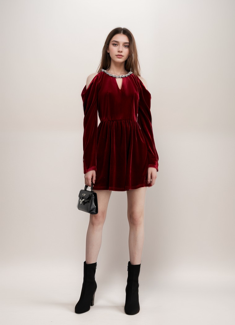 Velvet Cold Shoulder Party Dress with Jewel-Embellished Collar and Buttoned Sleeves