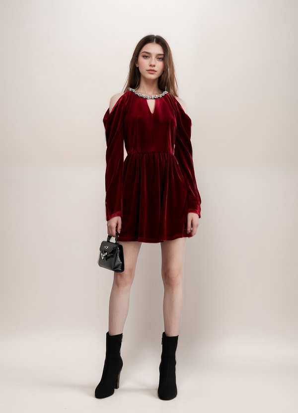 Velvet Cold Shoulder Party Dress with Jewel-Embellished Collar and Buttoned Sleeves