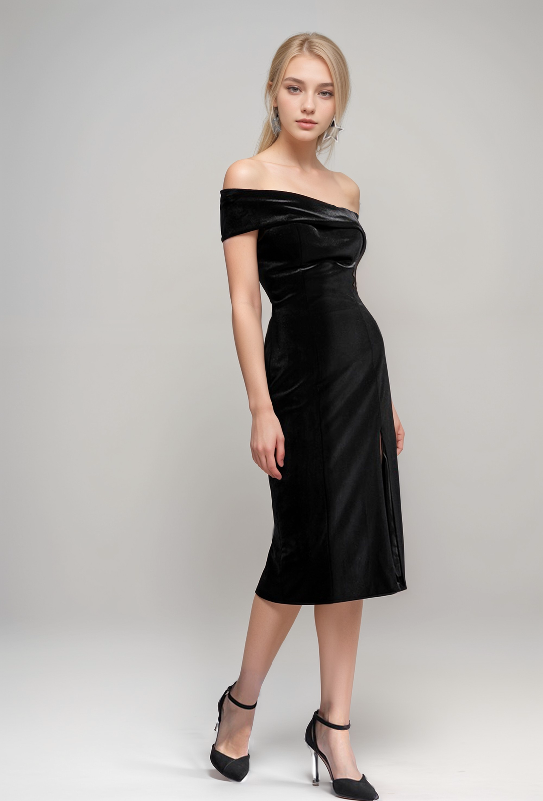 Velvet Asymmetrical Little Black Dress Knee length with Slit Custom / Black Velvet Asymmetrical Little Black Dress Knee length with Slit Custom / Black