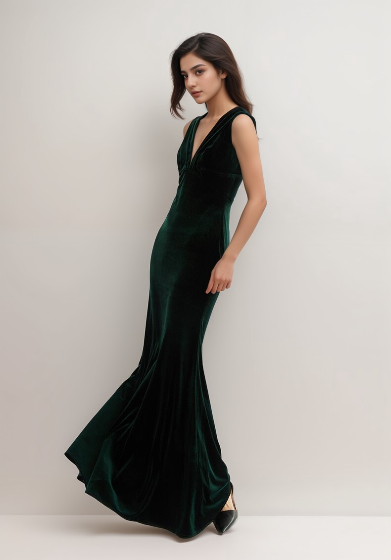 Deep V-neck Sleeveless fit and flare velvet dress