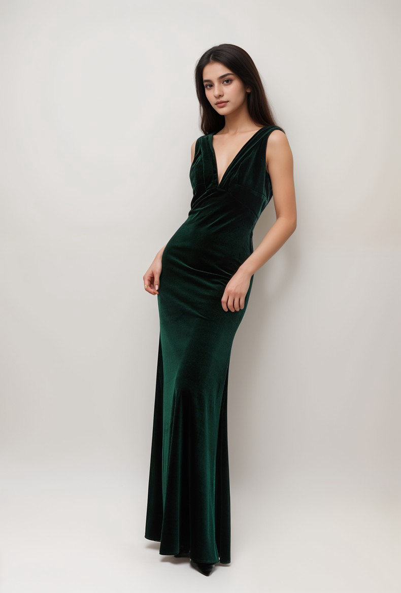 Deep V-neck Sleeveless fit and flare velvet dress