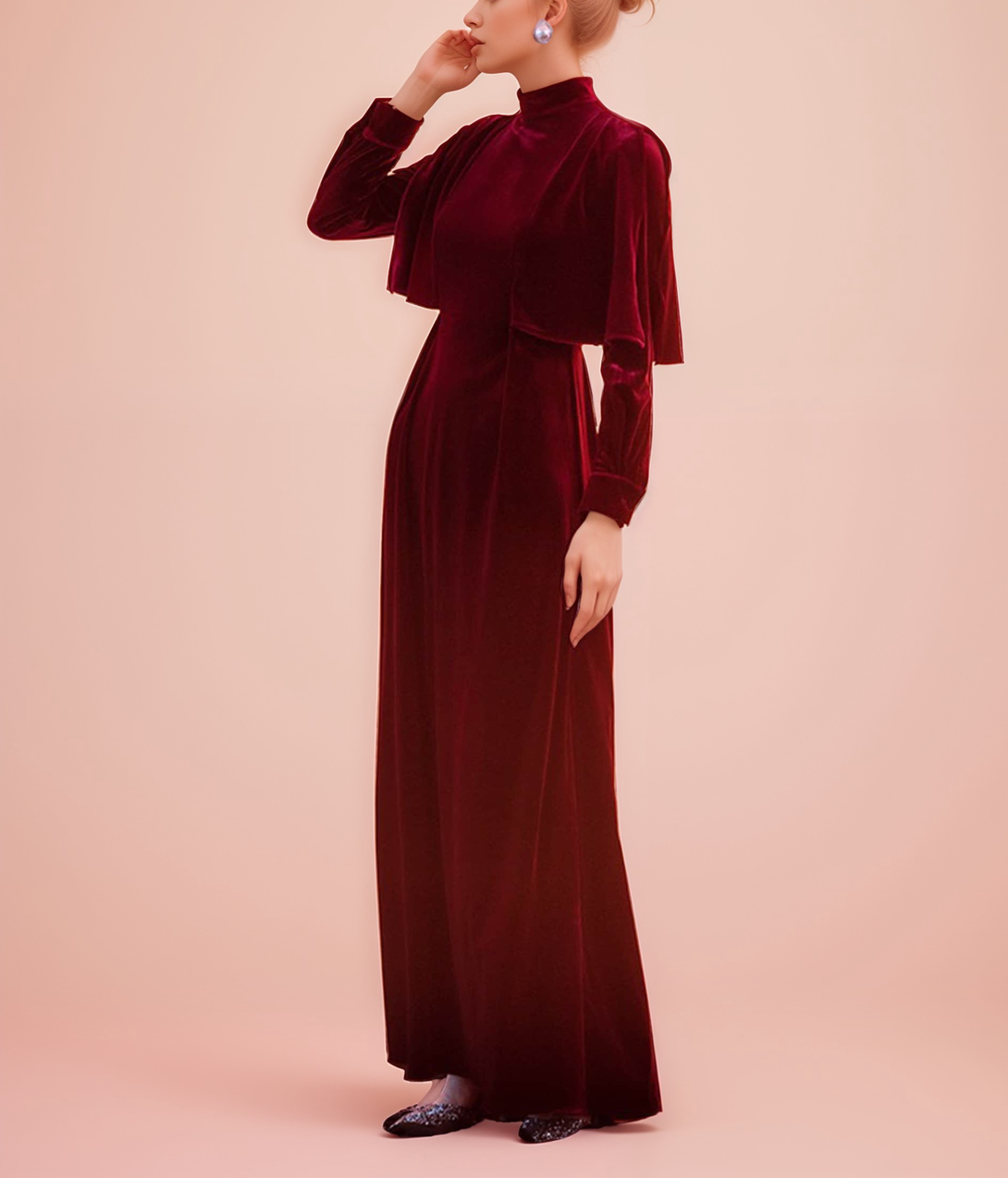 Vintage High Neck Ruffled Cape Long Sleeves A-line velvet prom dress