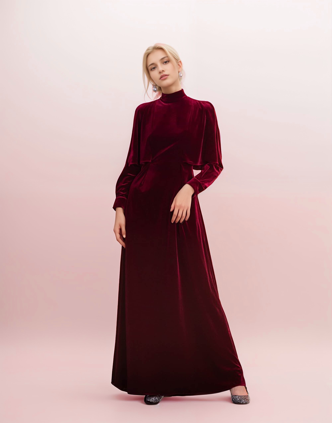 Vintage High Neck Ruffled Cape Long Sleeves A-line velvet prom dress