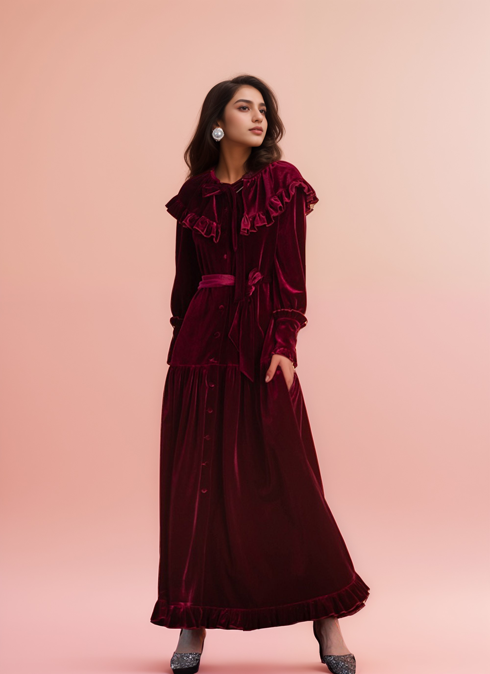 Vintage Ruffled Long Sleeve Boat Neck A-Line Velvet Dress with Bow Tie 26 / Other Colors