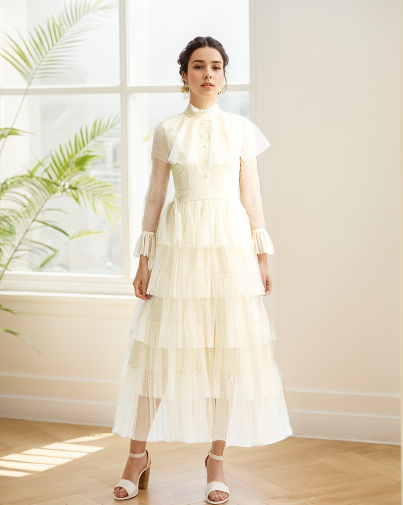 Vintage high neck Layered Ruffle tutu Skirt tulle prom dress with sleeves tulle dresses