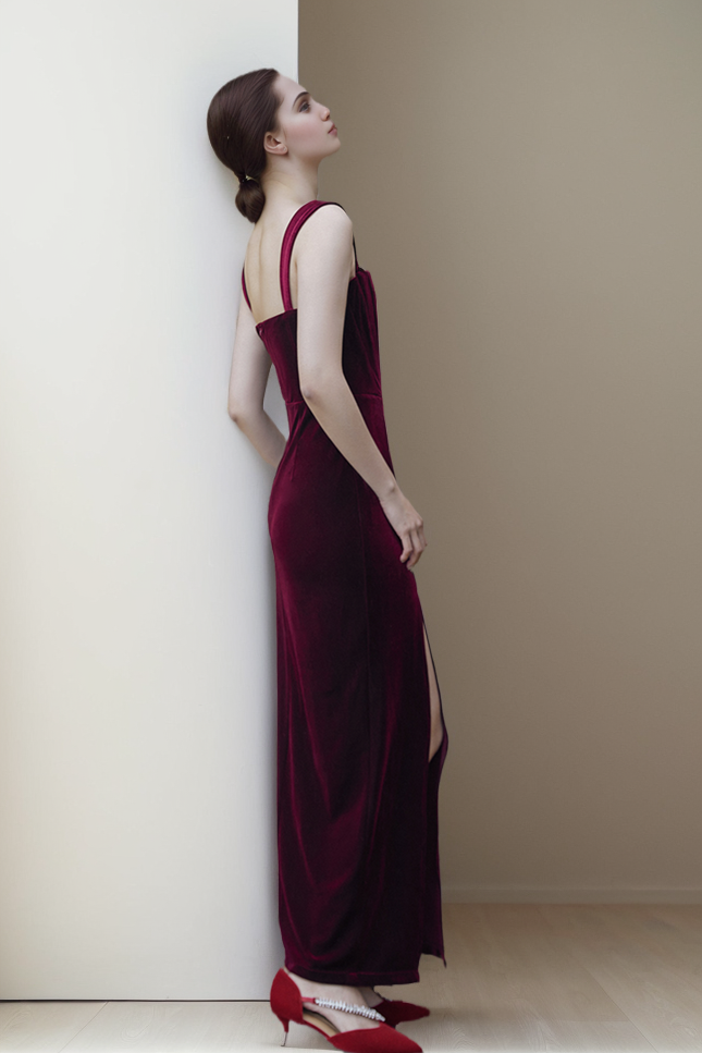 Vintage Spaghetti-straps square neckline long Velvet Dress Side Slit