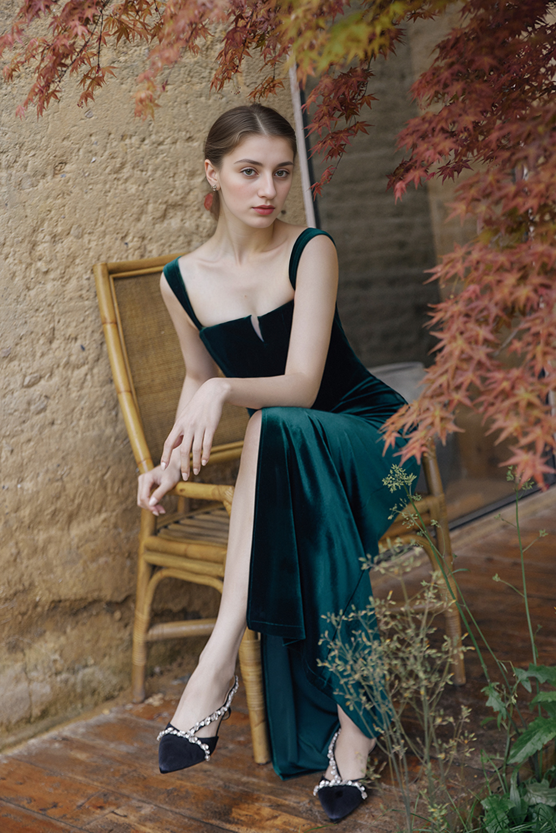 Vintage Spaghetti-straps square neckline long Velvet Dress Side Slit
