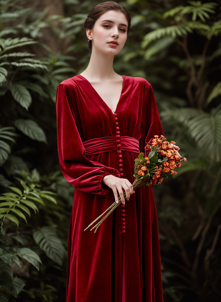 Striped V-Neck Puff Sleeves Pockets Long Dress
