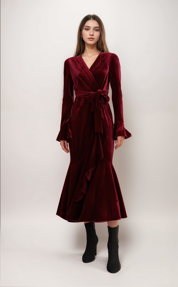 Wrap Front Velvet Midi Dress with Ruffle Hem and Waist Tie