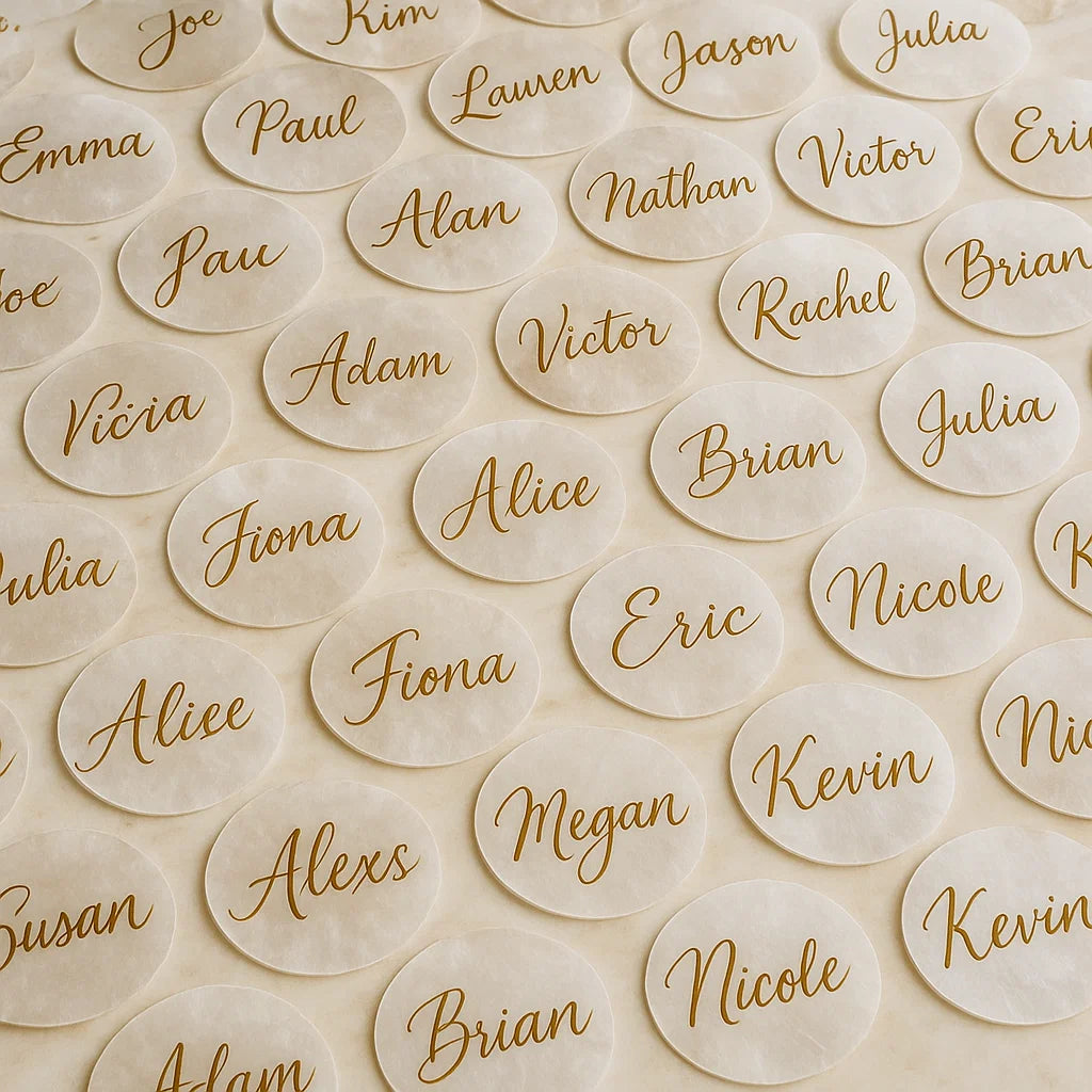 Shell Handwritten Lettering Handwritten Capiz Shell Calligraphy Place Cards for Beach & Coastal We ...